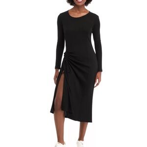 Signature by Robbie Bee Black ruched Long Sleeve Dress with side slit